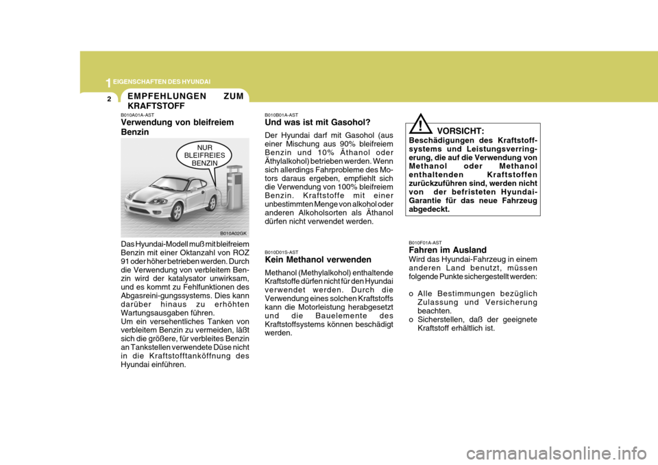 Hyundai Coupe 2004  Betriebsanleitung (in German) 1EIGENSCHAFTEN DES HYUNDAI
2EMPFEHLUNGEN ZUM KRAFTSTOFF
B010A01A-AST Verwendung von bleifreiem Benzin Das Hyundai-Modell muß mit bleifreiem Benzin mit einer Oktanzahl von ROZ 91 oder höher betrieben