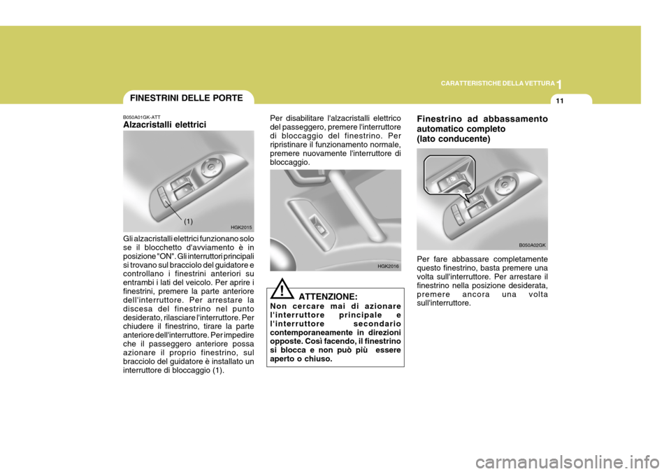 Hyundai Coupe 2004 Manuale del proprietario (in Italian) 1
CARATTERISTICHE DELLA VETTURA
11
Finestrino ad abbassamento automatico completo(lato conducente) Per fare abbassare completamente questo finestrino, basta premere una volta sullinterruttore. Per ar Hyundai Coupe 2004 Manuale del proprietario (in Italian) 1
CARATTERISTICHE DELLA VETTURA
11
Finestrino ad abbassamento automatico completo(lato conducente) Per fare abbassare completamente questo finestrino, basta premere una volta sullinterruttore. Per ar