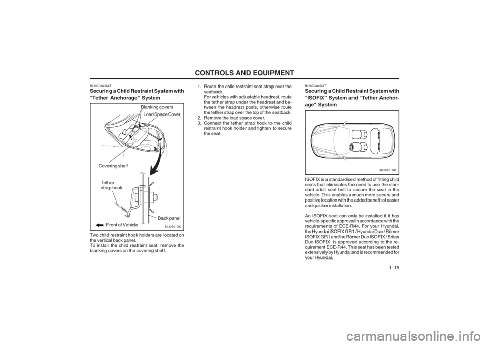 Hyundai Coupe 2002 Owners Manual CONTROLS AND EQUIPMENT1- 15
B230E01GK
Covering shelf
Back panel
Front of Vehicle
Tether strap hook
B230C03A-GAT Securing a Child Restraint System with "Tether Anchorage" System Two child restraint hoo Hyundai Coupe 2002 Owners Manual CONTROLS AND EQUIPMENT1- 15
B230E01GK
Covering shelf
Back panel
Front of Vehicle
Tether strap hook
B230C03A-GAT Securing a Child Restraint System with "Tether Anchorage" System Two child restraint hoo