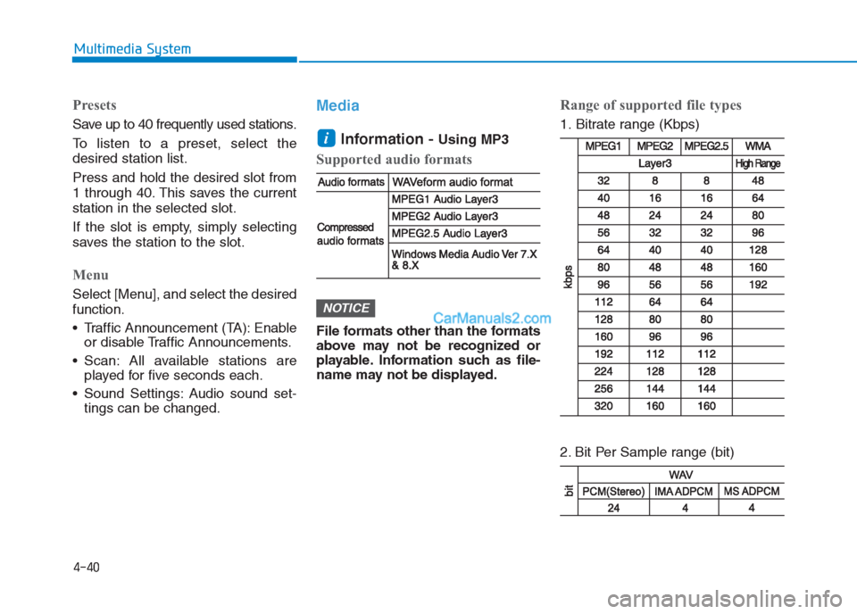 Hyundai Creta 2019  Owners Manual 4-40
Multimedia System
Presets
Save up to 40 frequently used stations.
To listen to a preset, select the
desired station list.
Press and hold the desired slot from
1 through 40. This saves the current