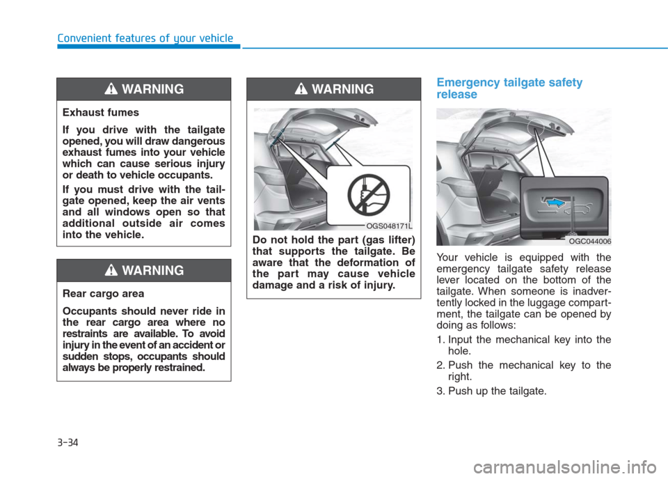 Hyundai Creta 2018  Owners Manual 3-34
Convenient features of your vehicle
Emergency tailgate safety
release
Your vehicle is equipped with the
emergency tailgate safety release
lever located on the bottom of the
tailgate. When someone