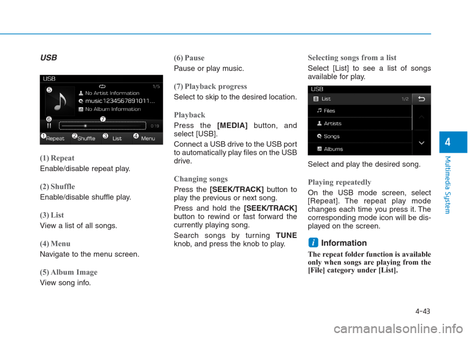 Hyundai Creta 2018 Owners Manual 4-43
Multimedia System
4
USB
(1) Repeat
Enable/disable repeat play.
(2) Shuffle
Enable/disable shuffle play.
(3) List
View a list of all songs.
(4) Menu
Navigate to the menu screen.
(5) Album Image
Vi Hyundai Creta 2018 Owners Manual 4-43
Multimedia System
4
USB
(1) Repeat
Enable/disable repeat play.
(2) Shuffle
Enable/disable shuffle play.
(3) List
View a list of all songs.
(4) Menu
Navigate to the menu screen.
(5) Album Image
Vi