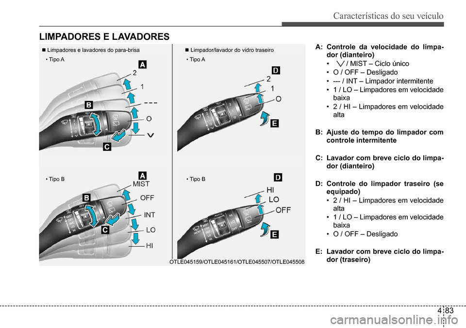 Hyundai Creta 2017  Manual do proprietário (in Portuguese) Características do seu veículo
483
•	Tipo	A
•	Tipo	B
•	Tipo	A
•	Tipo	B
OTLE045159/OTLE045161/OTLE045507/OTLE045508
lIMPAdoRes e lAvAdoRes
A: Controle da velocidade do limpa- 
dor (dianteiro)