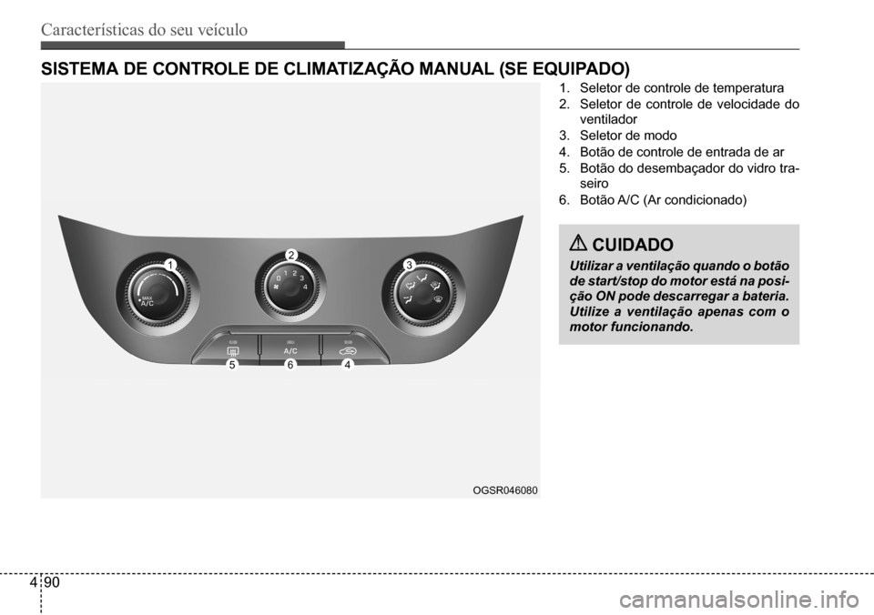 Hyundai Creta 2017  Manual do proprietário (in Portuguese) Características do seu veículo
490
OGSR046080
sIsTeMA de ConTRole de ClIMATIZAÇÃo MAnuAl (se eQuIPAdo)
1. Seletor de controle de temperatura
2. Seletor de controle de velocidade do  
ventilador
3.