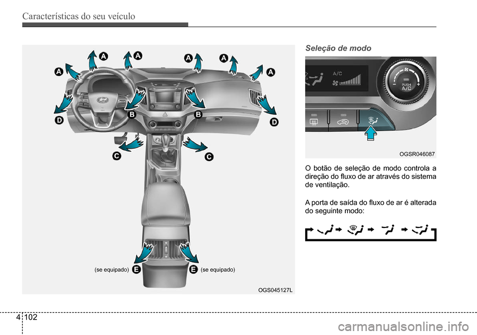 Hyundai Creta 2017  Manual do proprietário (in Portuguese) Características do seu veículo
4102
OGS045127L
(se equipado)(se equipado)
OGSR046087
Seleção de modo
O	botão	de	seleção	de	modo	controla	a	
direção	do	fluxo	de	ar	através	do	sistema	
de	vent
