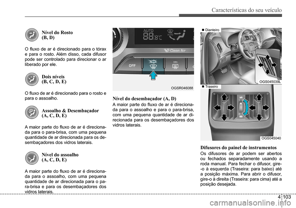 Hyundai Creta 2017 Manual do proprietário (in Portuguese) Características do seu veículo
4103
Nível do Rosto (B, D)
O fluxo de ar é direcionado para o tórax
e para o rosto. Além disso, cada difusor
pode ser controlado para direcionar o ar
liberado Hyundai Creta 2017 Manual do proprietário (in Portuguese) Características do seu veículo
4103
Nível do Rosto (B, D)
O fluxo de ar é direcionado para o tórax
e para o rosto. Além disso, cada difusor
pode ser controlado para direcionar o ar
liberado