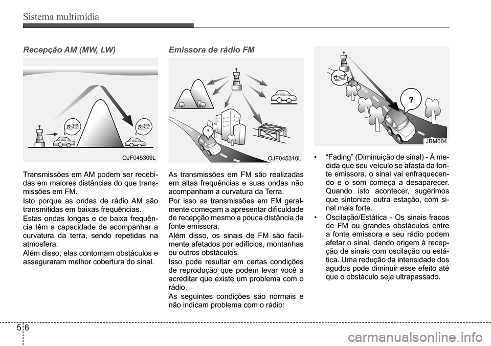 Hyundai Creta 2017  Manual do proprietário (in Portuguese) Sistema multimídia
56
OJF045309LOJF045310L
JBM004
Recepção AM (MW, LW)
Transmissões em AM podem ser recebi-
das em maiores distâncias do que trans- 
missões em FM. 
Isto porque as ondas de rádi