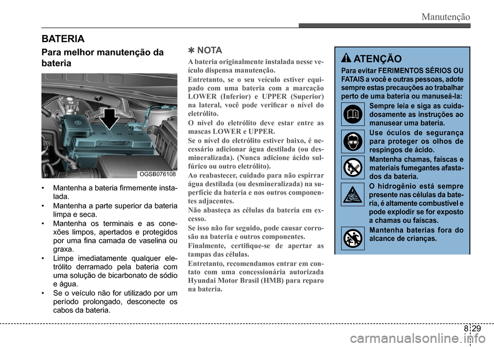Hyundai Creta 2017  Manual do proprietário (in Portuguese) Manutenção
OGSB076108
B AT E R I A
Para melhor manutenção da  
bateria
• Mantenha a bateria firmemente insta- 
lada.
• Mantenha a parte superior da bateria 
limpa e seca.
• Mantenha  os  ter