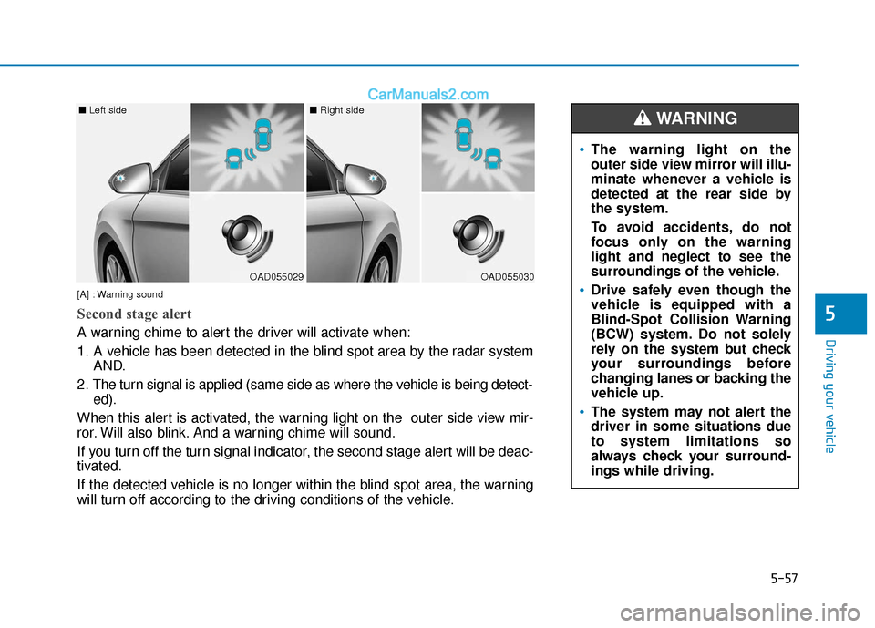 Hyundai Elantra 2020  Owners Manual 5-57
Driving your vehicle
5
OAD055029
■ Left side
OAD055030
■ Right side
[A] : Warning sound
Second stage alert
A warning chime to alert the driver will activate when:
1. A vehicle has been detect