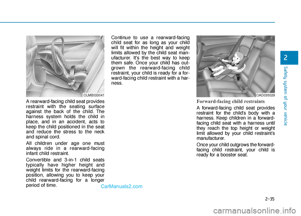 Hyundai Elantra 2020  Owners Manual 2-35
Safety system of your vehicle
2
A rearward-facing child seat provides
restraint with the seating surface
against the back of the child. The
harness system holds the child in
place, and in an acci