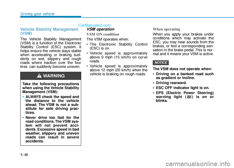 Hyundai Elantra 2019  Owners Manual 5-48
Driving your vehicle
Vehicle Stability Management
(VSM)
The Vehicle Stability Management
(VSM) is a function of the Electronic
Stability Control (ESC) system. It
helps ensure the vehicle stays st