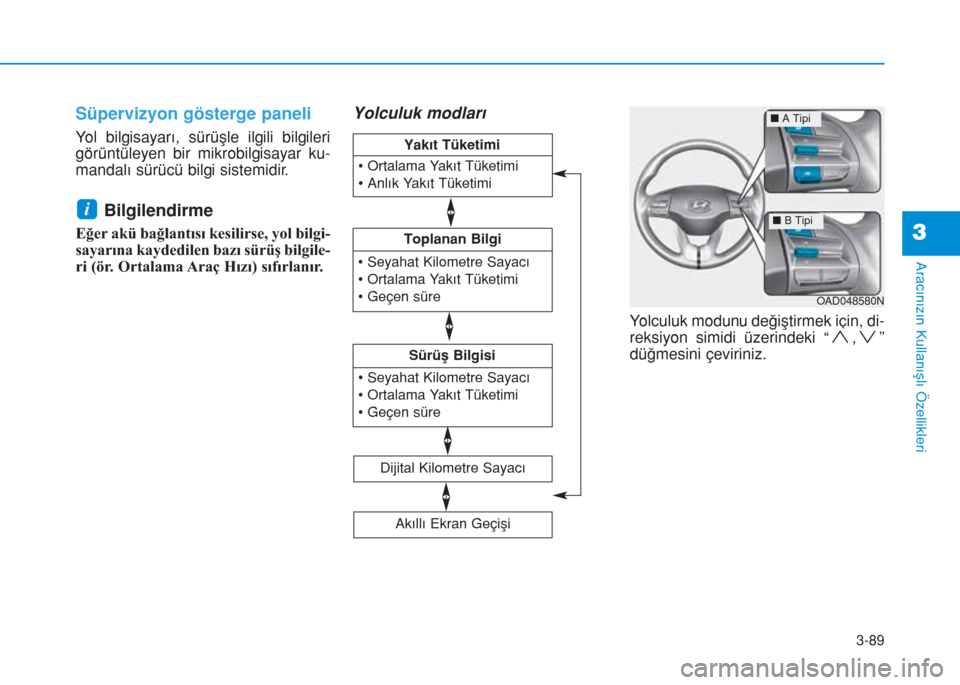 Hyundai Elantra 2019  Kullanım Kılavuzu (in Turkish) 3-89
Aracınızın Kullanışlı Özellikleri
Süpervizyon gösterge paneli
Yol bilgisayarı, sürüşle ilgili bilgileri
görüntüleyen bir mikrobilgisayar ku-
mandalı sürücü bilgi sistemidir.
B
