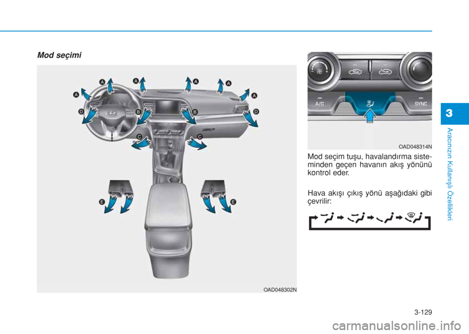 Hyundai Elantra 2019  Kullanım Kılavuzu (in Turkish) 3-129
Aracınızın Kullanışlı Özellikleri
3
Mod seçimi
Mod seçim tuşu, havalandırma siste-
minden geçen havanın akış yönünü
kontrol eder.
Hava akışı çıkış yönü aşağıdaki gi