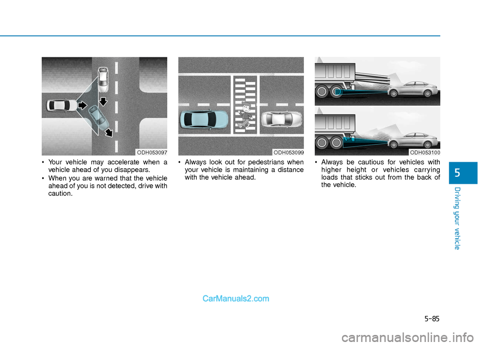 Hyundai Elantra 2018  Owners Manual 5-85
Driving your vehicle
5
 Your vehicle may accelerate when avehicle ahead of you disappears.
 When you are warned that the vehicle ahead of you is not detected, drive with
caution.  Always look out