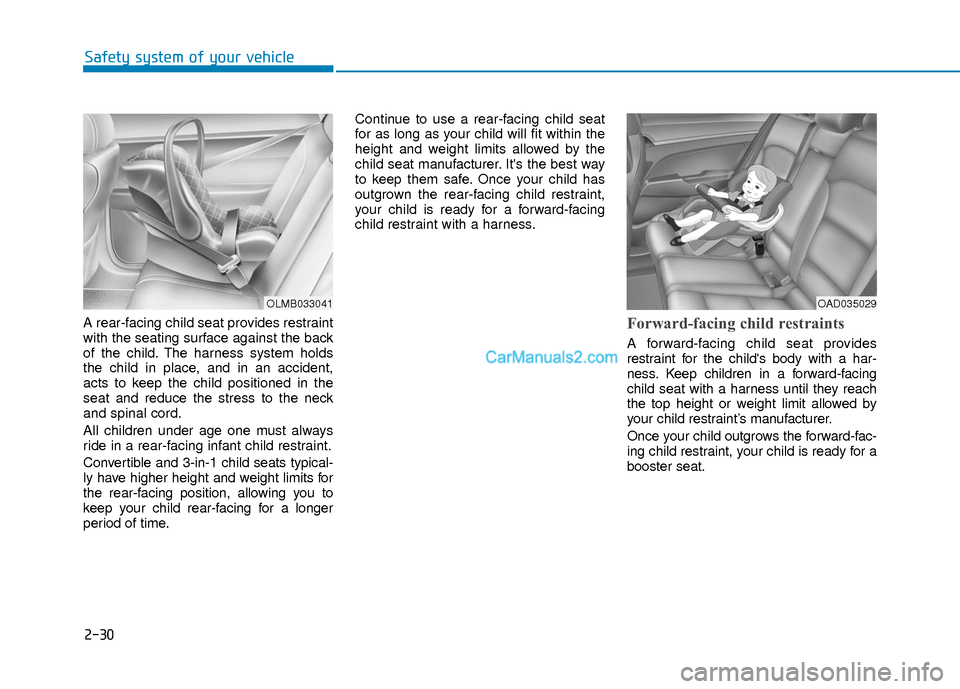 Hyundai Elantra 2018  Owners Manual 2-30
Safety system of your vehicle
A rear-facing child seat provides restraint
with the seating surface against the back
of the child. The harness system holds
the child in place, and in an accident,
