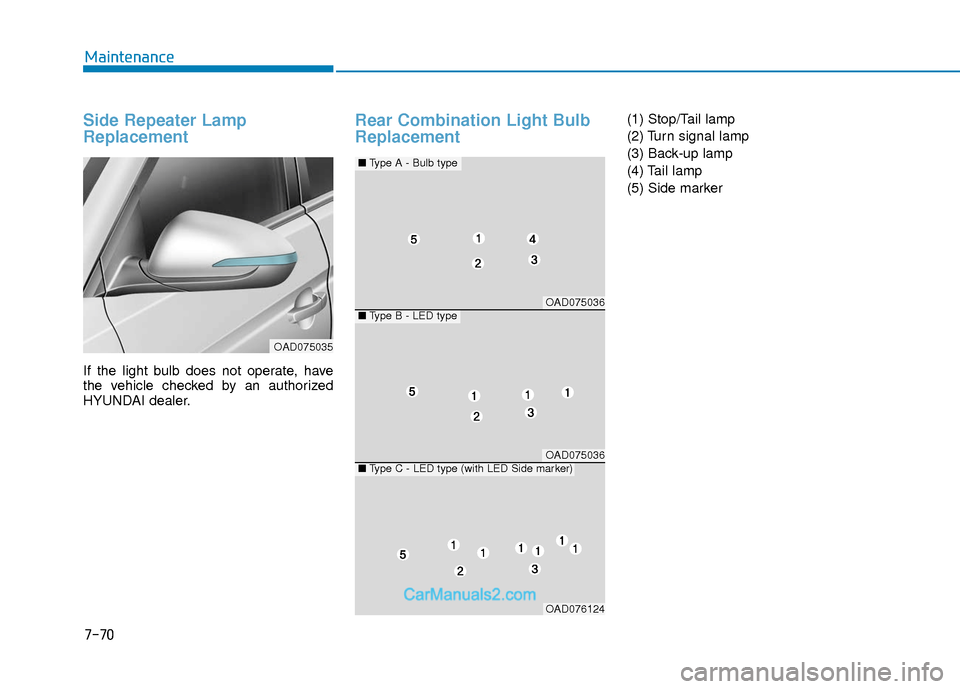 Hyundai Elantra 2018  Owners Manual 7-70
Maintenance
Side Repeater Lamp
Replacement
If the light bulb does not operate, have
the vehicle checked by an authorized
HYUNDAI dealer.
Rear Combination Light Bulb
Replacement (1) Stop/Tail lamp