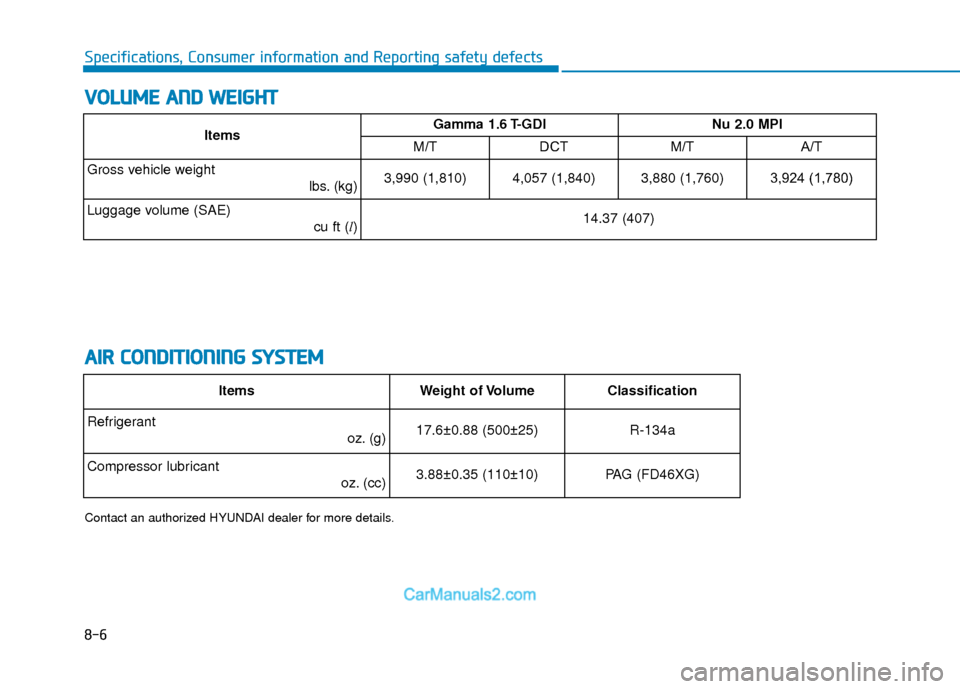 Hyundai Elantra 2018  Owners Manual 8-6
Specifications, Consumer information and Reporting safety defects
V
VO
O L
LU
U M
M E
E 
 A
A N
N D
D 
 W
W E
EI
IG
G H
H T
T
A
A I
IR
R  
 C
C O
O N
ND
DI
IT
T I
IO
O N
NI
IN
N G
G 
 S
S Y
Y S
ST
