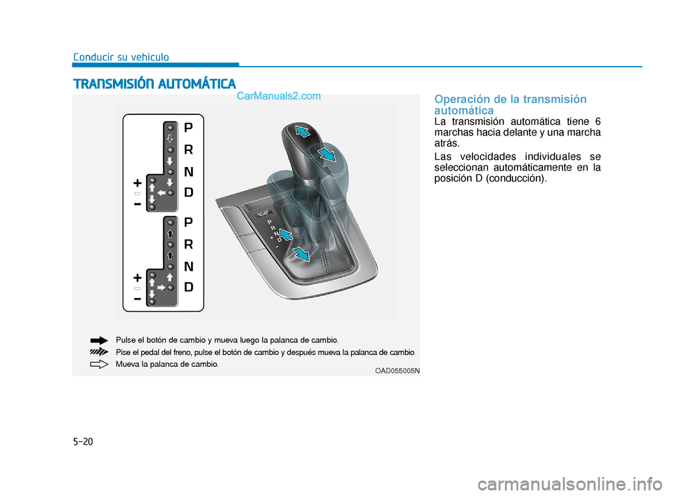 Hyundai Elantra 2018  Manual del propietario (in Spanish) 5-20
Conducir su vehículo
Operación de la transmisión
automática
La transmisión automática tiene 6
marchas hacia delante y una marcha
atrás.
Las velocidades individuales se
seleccionan automát