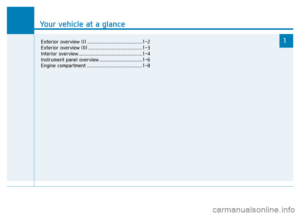 Hyundai Elantra 2017  Owners Manual Your vehicle at a glance
1
Your vehicle at a glance
1Exterior overview (I) .............................................1-2
Exterior overview (II) ............................................1-3
Inter