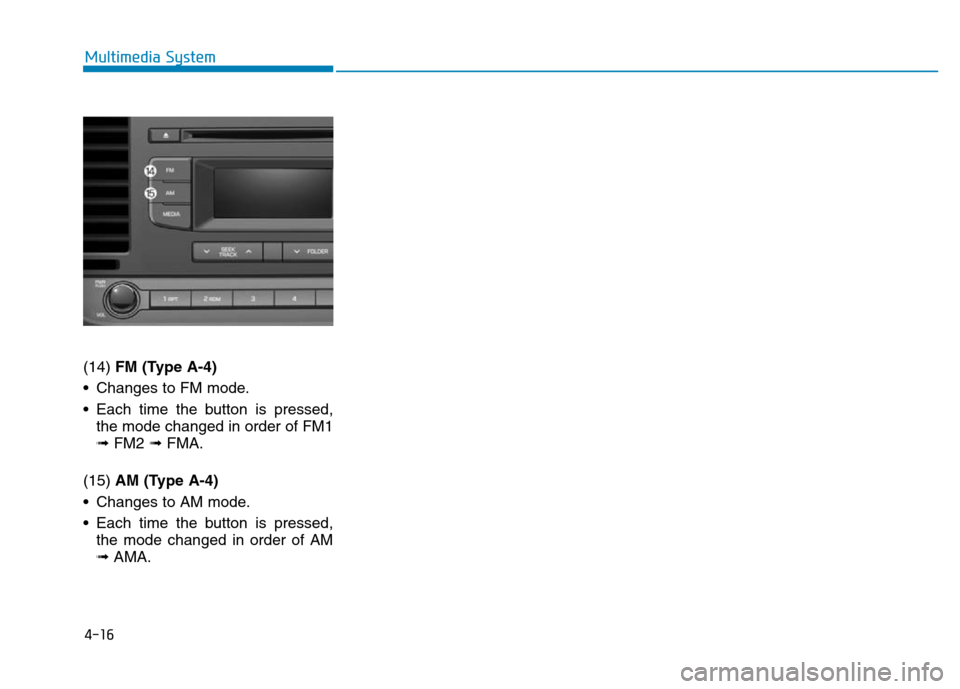 Hyundai Elantra 2017  Owners Manual 4-16
Multimedia System
(14) FM (Type A-4)
• Changes to FM mode.
• Each time the button is pressed,
the mode changed in order of FM1
➟ FM2 ➟FMA.
(15) AM (Type A-4)
• Changes to AM mode.
• E