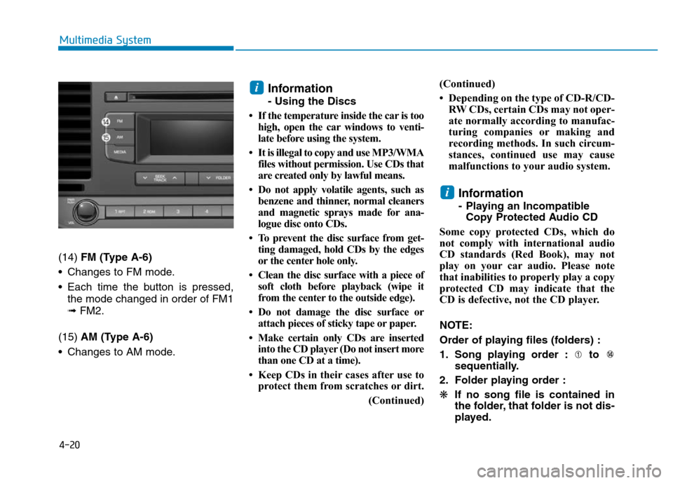 Hyundai Elantra 2017  Owners Manual 4-20
Multimedia System
(14) FM (Type A-6)
• Changes to FM mode.
• Each time the button is pressed,
the mode changed in order of FM1
➟ FM2.
(15) AM (Type A-6)
• Changes to AM mode.
Information
