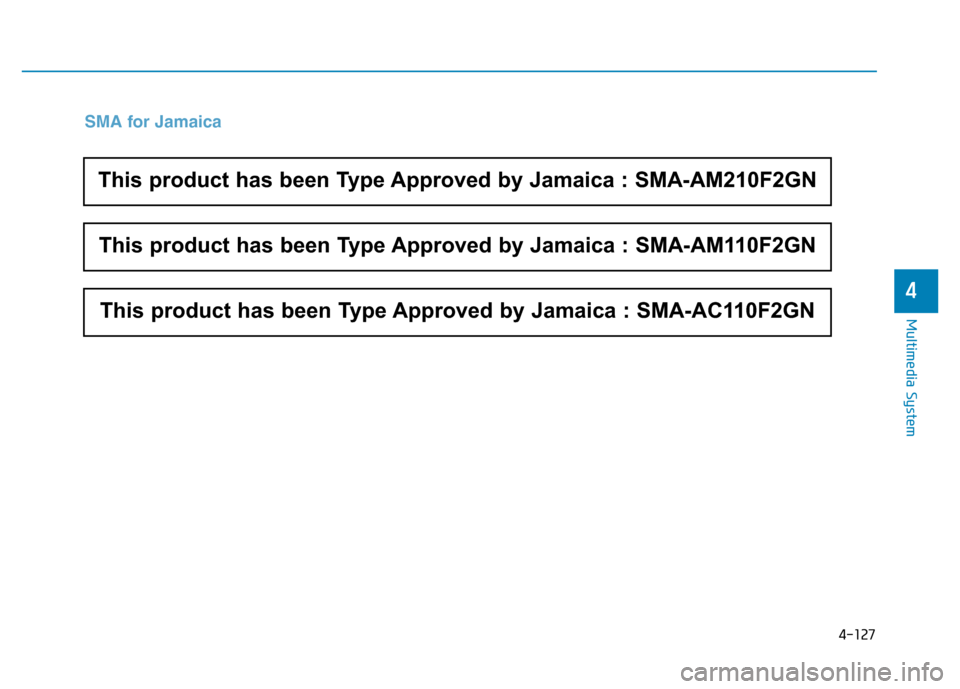 Hyundai Elantra 2017  Owners Manual 4-127
Multimedia System
4
SMA for Jamaica
This product has been Type Approved by Jamaica : SMA-AM210F2GN
This product has been Type Approved by Jamaica : SMA-AM110F2GN
This product has been Type Appro