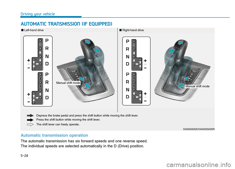 Hyundai Elantra 2017  Owners Manual 5-24
Driving your vehicle
AUTOMATIC TRANSMISSION (IF EQUIPPED)
OAD055005/OAD055005R
The shift lever can freely operate. Depress the brake pedal and press the shift button while moving the shift lever.