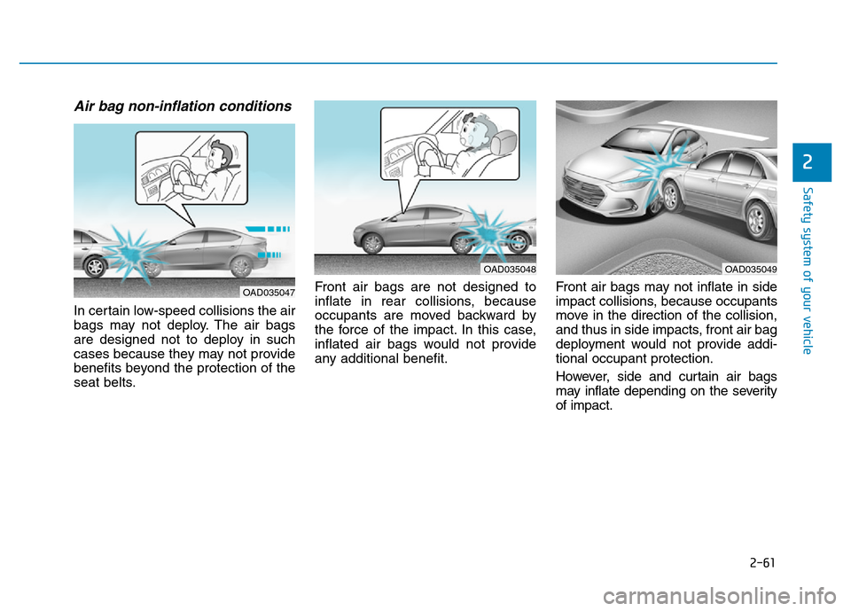 Hyundai Elantra 2017  Owners Manual 2-61
Safety system of your vehicle
2
Air bag non-inflation conditions 
In certain low-speed collisions the air
bags may not deploy. The air bags
are designed not to deploy in such
cases because they m
