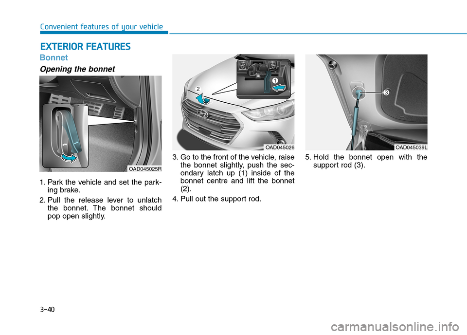 Hyundai Elantra 2017  Owners Manual - RHD (UK. Australia) 3-40
Convenient features of your vehicle
Bonnet
Opening the bonnet 
1. Park  the  vehicle  and  set  the  park-
ing brake.
2. Pull  the  release  lever  to  unlatch
the  bonnet. The  bonnet  should
po