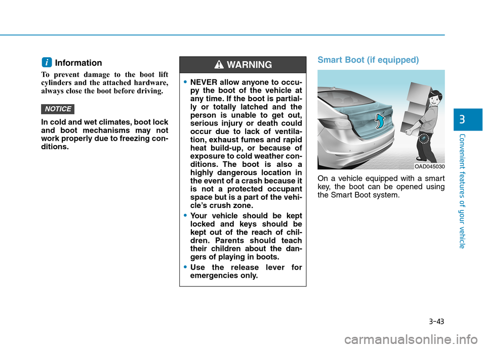 Hyundai Elantra 2017  Owners Manual - RHD (UK. Australia) 3-43
Convenient features of your vehicle
3
Information 
To  prevent  damage  to  the  boot  lift
cylinders  and  the  attached  hardware,
always close the boot before driving.
In cold and wet climates