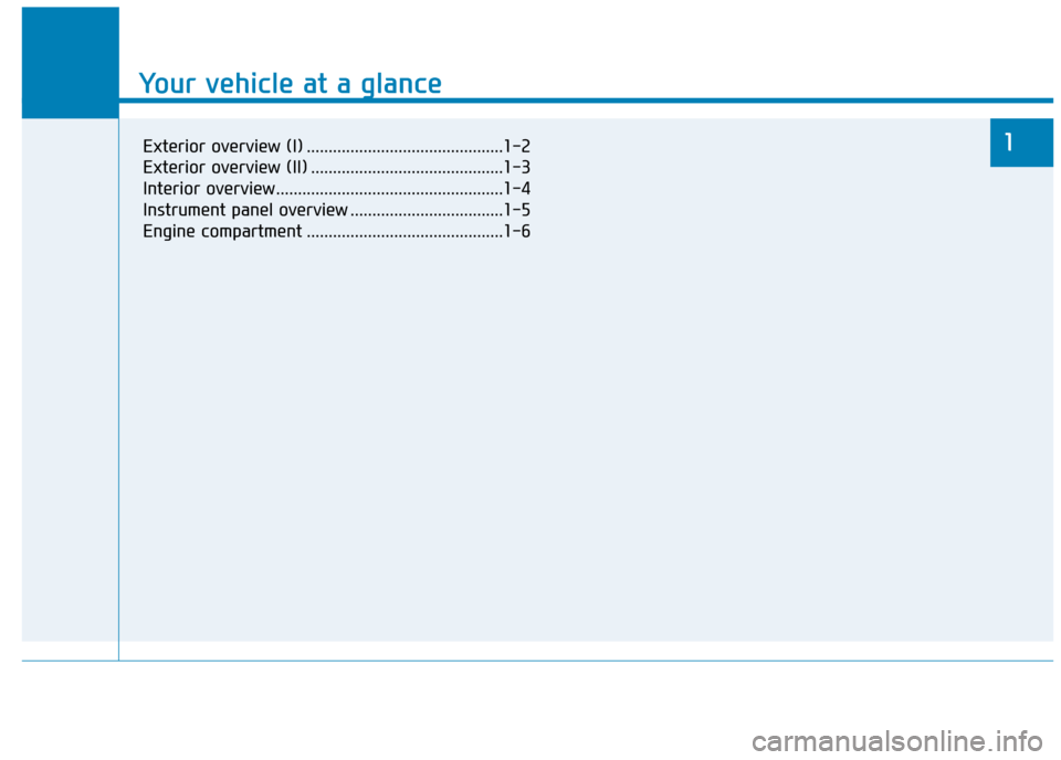 Hyundai Elantra 2017  Owners Manual - RHD (UK. Australia) Yo u r   v e h i c l e   a t   a   g l a n c e
1
Yo u r   v e h i c l e   a t   a   g l a n c e
1Exterior overview (I) .............................................1-2
Exterior overview (II) .........