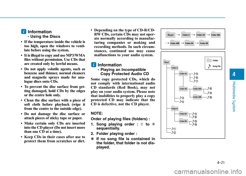 Hyundai Elantra 2017  Owners Manual - RHD (UK. Australia) 4-21
Multimedia System
4
Information
- Using the Discs
•If the temperature inside the vehicle is
too  high,  open  the  windows  to  venti-
late before using the system.
•It is illegal to copy and