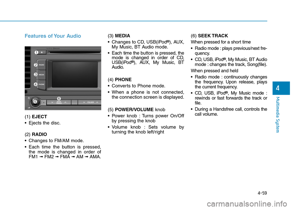 Hyundai Elantra 2017  Owners Manual - RHD (UK. Australia) 4-59
Multimedia System
4
Features of Your Audio
(1) EJECT
•Ejects the disc.
(2) RADIO
•Changes to FM/AM mode.
•Each time the buttonis pressed,
the  mode  is  changed  in  order  of
FM1 ➟FM2 