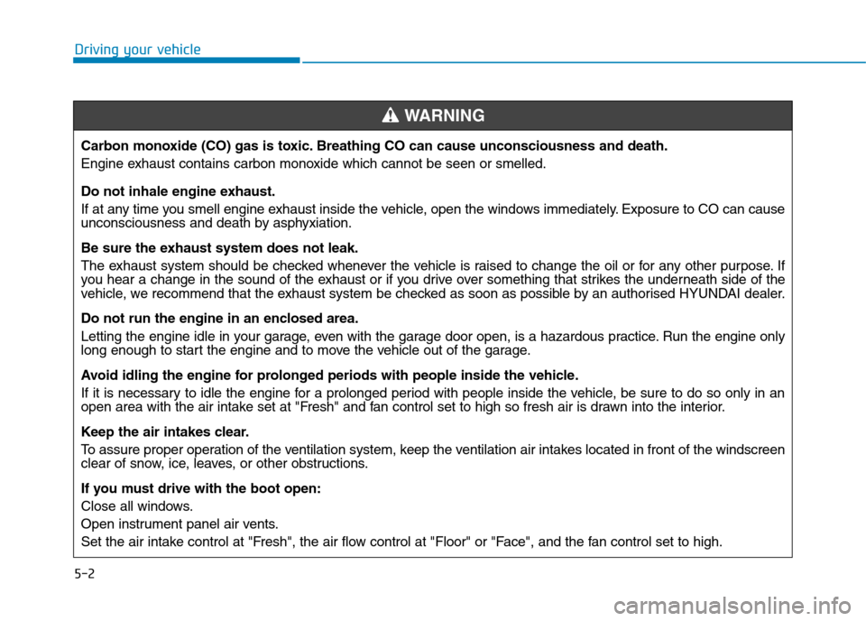 Hyundai Elantra 2017  Owners Manual - RHD (UK. Australia) 5-2
Driving your vehicle
Carbon monoxide (CO) gas is toxic. Breathing CO can cause unconsciousness and death.
Engine exhaust contains carbon monoxide which cannot be seen or smelled.
Do not inhale eng