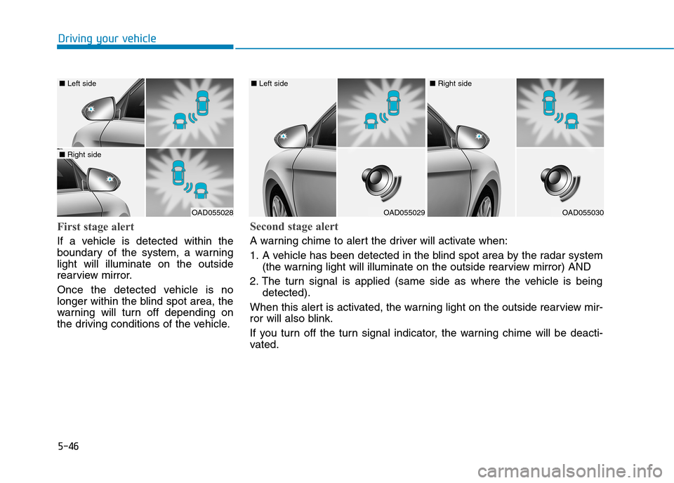 Hyundai Elantra 2017  Owners Manual - RHD (UK. Australia) 5-46
Driving your vehicle
First stage alert
If  a  vehicle  is  detected  within  the
boundary  of  the  system,  a  warning
light  will  illuminate  on  the  outside
rearview mirror.
Once  the  detec
