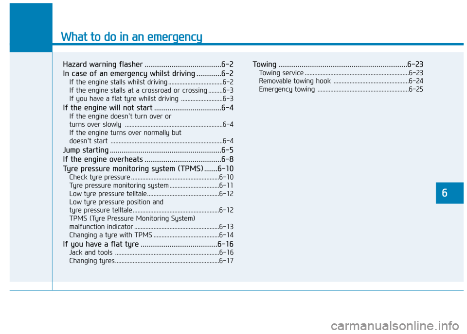 Hyundai Elantra 2017  Owners Manual - RHD (UK. Australia) What to do in an emergency
Hazard warning flasher ........................................6-2
In case of an emergency whilst driving .............6-2
If the engine stalls whilst driving ..............