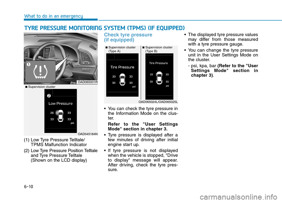 Hyundai Elantra 2017  Owners Manual - RHD (UK. Australia) 6-10
(1) Low Tyre Pressure Telltale/
TPMS Malfunction Indicator
(2) Low Tyre Pressure Position Telltale
and Tyre Pressure Telltale
(Shown on the LCD display)
Check tyre pressure 
(if equipped)
•You 