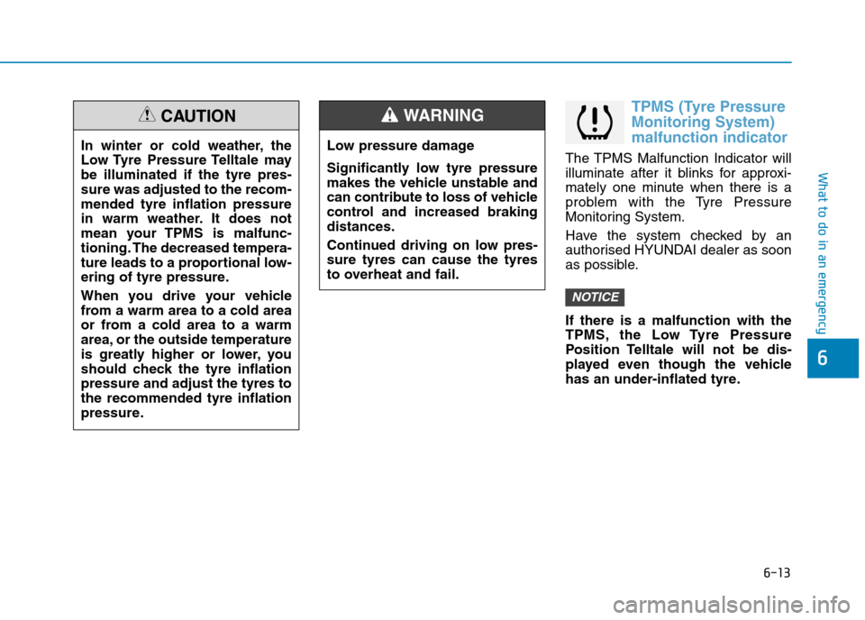 Hyundai Elantra 2017  Owners Manual - RHD (UK. Australia) 6-13
What to do in an emergency
TPMS (Tyre Pressure
Monitoring System)
malfunction indicator
The TPMS  Malfunction  Indicator  will
illuminate  after  it  blinks  for  approxi-
mately  one  minute  wh