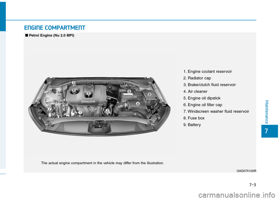 Hyundai Elantra 2017  Owners Manual - RHD (UK. Australia) 7-3
7
Maintenance
EENNGGIINNEE  CCOOMMPPAARRTTMMEENNTT  
OAD075100R
■■Petrol  Engine  (Nu  2.0  MPI)
The actual engine compartment in the vehicle may differ from the illustration.
1. Engine coolan