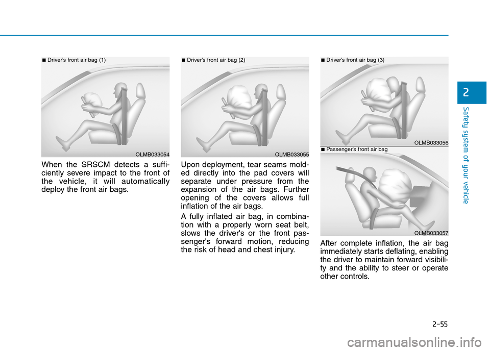 Hyundai Elantra 2017  Owners Manual - RHD (UK. Australia) 2-55
Safety system of your vehicle
2
When  the  SRSCM  detects  a  suffi-
ciently  severe  impact  to  the  front  of
the  vehicle,  it  will  automatically
deploy the front air bags.
Upon deployment,