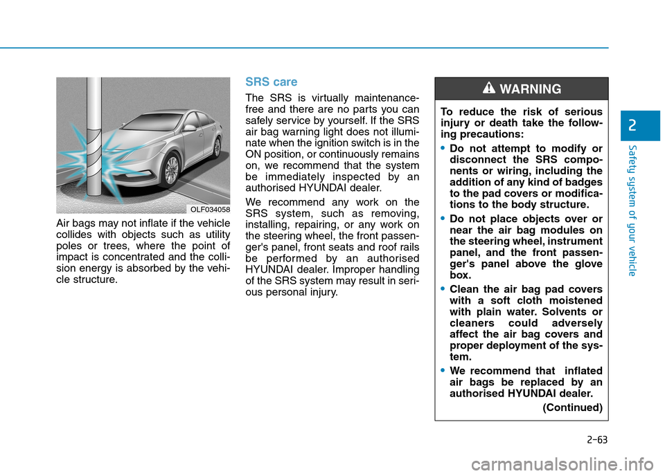 Hyundai Elantra 2017  Owners Manual - RHD (UK. Australia) 2-63
Safety system of your vehicle
2
Air bags may not inflate if the vehicle
collides  with  objects  such  as  utility
poles  or  trees,  where  the  point  of
impact  is  concentrated  and  the  col