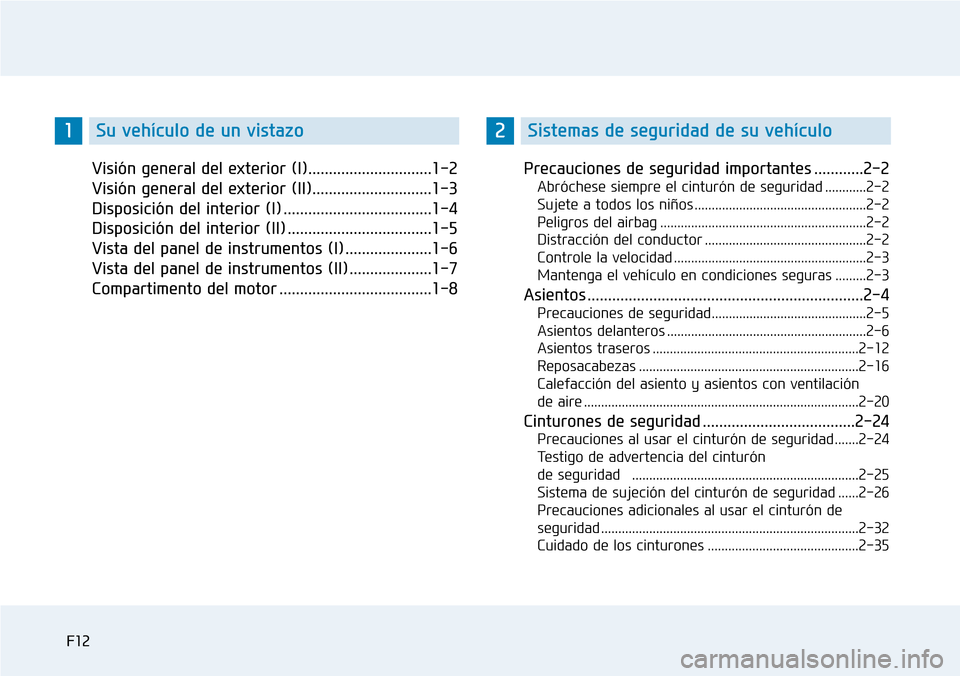 Hyundai Elantra 2017 Manual del propietario (in Spanish) F12
Visión general del exterior (I)..............................1-2
Visión general del exterior (II).............................1-3
Disposición del interior (I) .................................. Hyundai Elantra 2017 Manual del propietario (in Spanish) F12
Visión general del exterior (I)..............................1-2
Visión general del exterior (II).............................1-3
Disposición del interior (I) ..................................