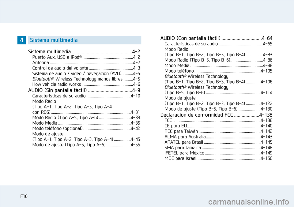 Hyundai Elantra 2017 Manual del propietario (in Spanish) F16
Sistema multimedia ................................................4-2
Puerto Aux, USB e iPod®...............................................4-2
Antenna .......................................... Hyundai Elantra 2017 Manual del propietario (in Spanish) F16
Sistema multimedia ................................................4-2
Puerto Aux, USB e iPod®...............................................4-2
Antenna ..........................................