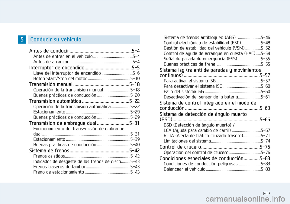 Hyundai Elantra 2017  Manual del propietario (in Spanish) F17
Antes de conducir ..................................................5-4
Antes de entrar en el vehículo ......................................5-4
Antes de arrancar ................................