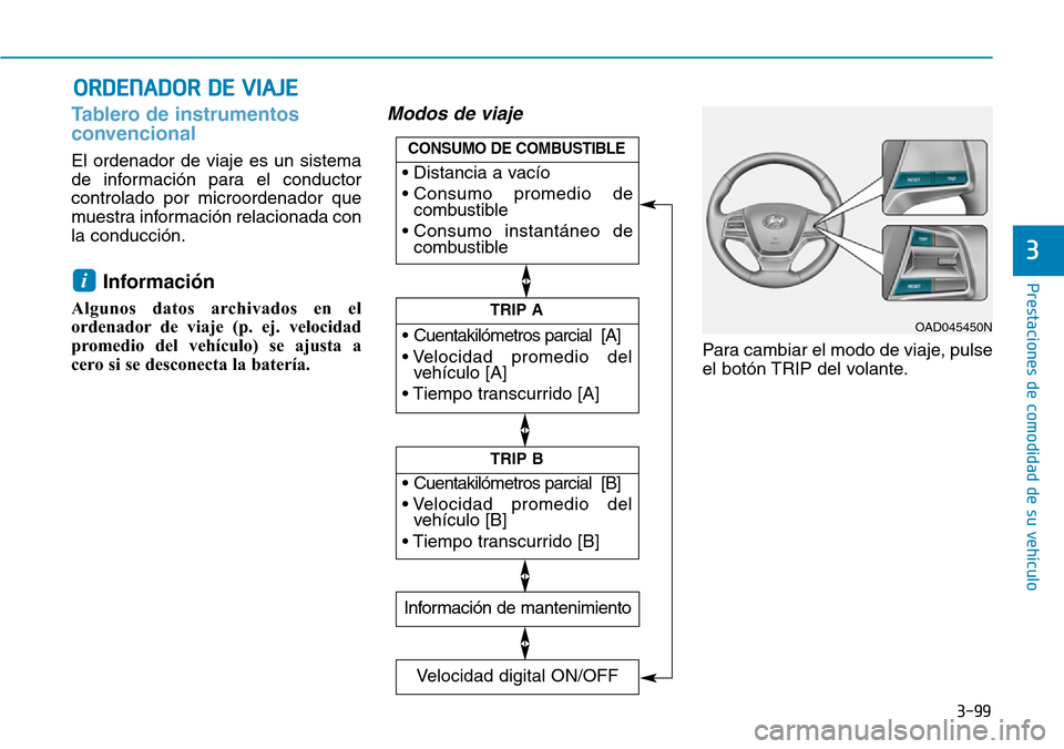 Hyundai Elantra 2017  Manual del propietario (in Spanish) 3-99
Prestaciones de comodidad de su vehículo 
3
Tablero de instrumentos
convencional
El ordenador de viaje es un sistema
de información para el conductor
controlado por microordenador que
muestra i