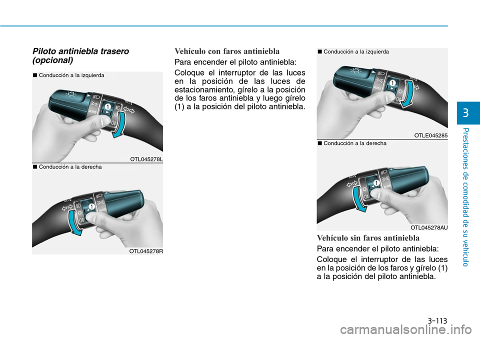 Hyundai Elantra 2017  Manual del propietario (in Spanish) 3-113
Prestaciones de comodidad de su vehículo 
3
Piloto antiniebla trasero 
(opcional)Vehículo con faros antiniebla 
Para encender el piloto antiniebla:
Coloque el interruptor de las luces
en la po