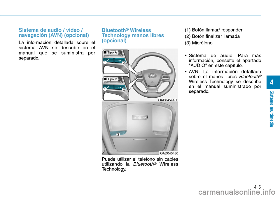 Hyundai Elantra 2017  Manual del propietario (in Spanish) Sistema de audio / vídeo /
navegación (AVN) (opcional)
La información detallada sobre el
sistema AVN se describe en el
manual que se suministra por
separado.
Bluetooth®Wireless
Technology manos li