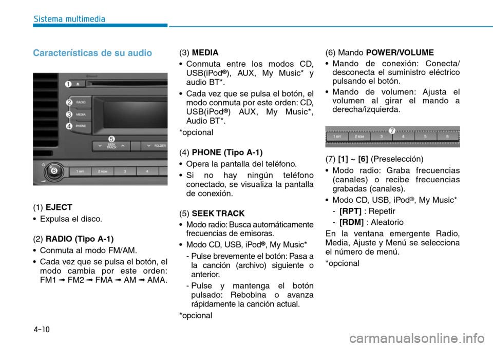 Hyundai Elantra 2017  Manual del propietario (in Spanish) 4-10
Sistema multimedia
Características de su audio
(1) EJECT 
• Expulsa el disco.
(2) RADIO (Tipo A-1)
• Conmuta al modo FM/AM.
• Cada vez que se pulsa el botón, el
modo cambia por este orden