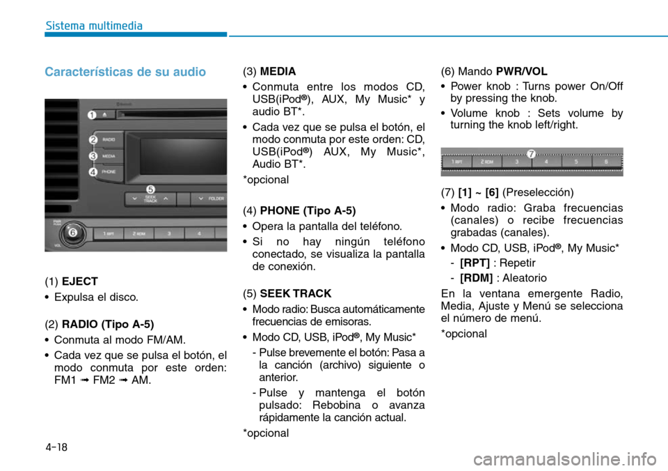 Hyundai Elantra 2017  Manual del propietario (in Spanish) 4-18
Sistema multimedia
Características de su audio
(1) EJECT 
• Expulsa el disco.
(2) RADIO (Tipo A-5)
• Conmuta al modo FM/AM.
• Cada vez que se pulsa el botón, el
modo conmuta por este orde