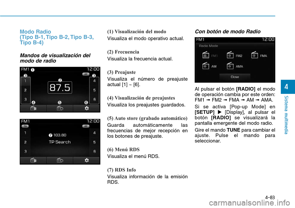 Hyundai Elantra 2017  Manual del propietario (in Spanish) 4-83
Sistema multimedia
4
Modo Radio 
(Tipo B-1, Tipo B-2, Tipo B-3,
Tipo B-4)
Mandos de visualización del
modo de radio
(1) Visualización del modo
Visualiza el modo operativo actual.
(2) Frecuencia